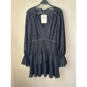 $445 Ramy Brook Wells Dress Sz 8 Black Long Sleeves Mini Gold Details NEW